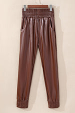 Brown Smocked High - Waist Leather Skinny Pants - Luxe Shopping