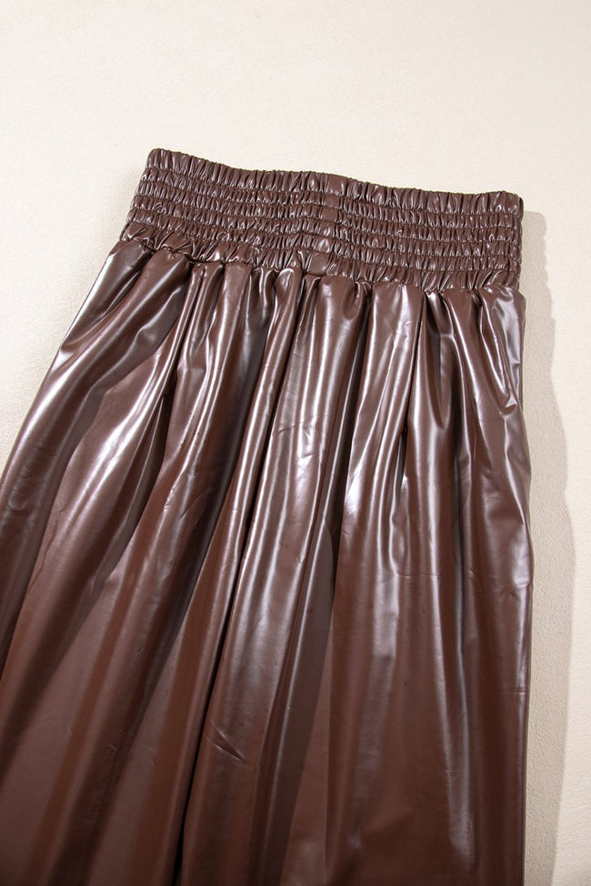 Brown Smocked High - Waist Leather Skinny Pants - Luxe Shopping