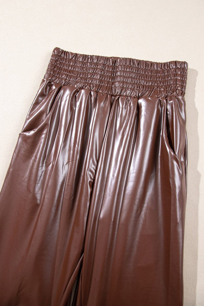 Brown Smocked High - Waist Leather Skinny Pants - Luxe Shopping