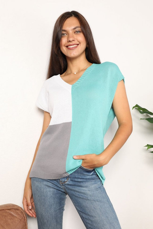 Color Block V - Neck Knit Top - Luxe Shopping