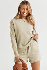 Double Take Full Size Texture Long Sleeve Top and Drawstring Shorts Set - Luxe Shopping