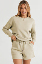 Double Take Full Size Texture Long Sleeve Top and Drawstring Shorts Set - Luxe Shopping