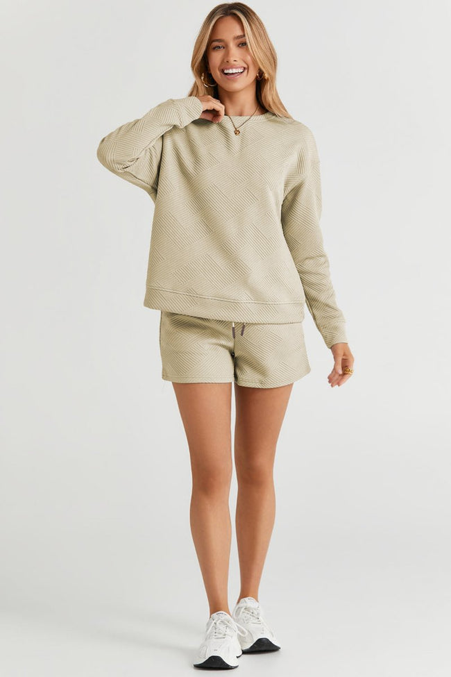 Double Take Full Size Texture Long Sleeve Top and Drawstring Shorts Set - Luxe Shopping