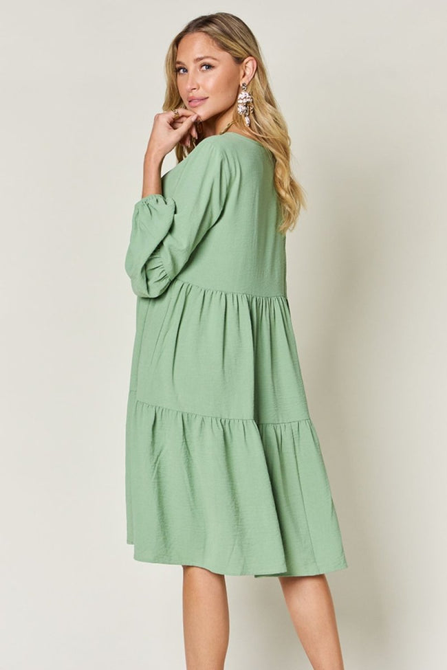 Double Take Full Size V - Neck Balloon Sleeve Tiered Dress with Pockets - Luxe Shopping