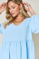 Double Take Full Size V - Neck Balloon Sleeve Tiered Dress with Pockets - Luxe Shopping