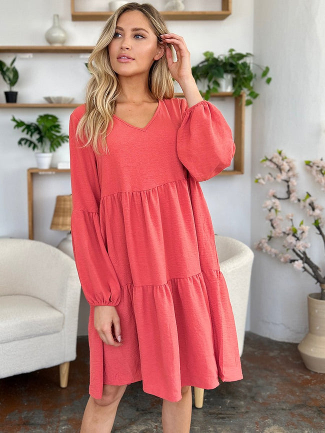 Double Take Full Size V - Neck Balloon Sleeve Tiered Dress with Pockets - Luxe Shopping