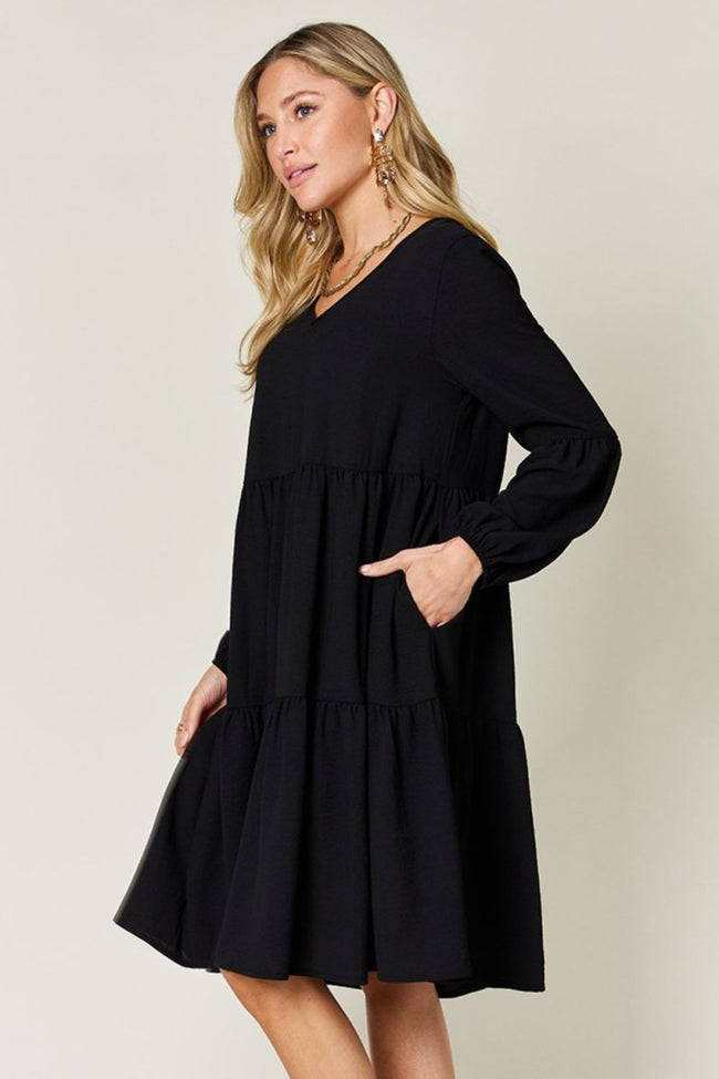 Double Take Full Size V - Neck Balloon Sleeve Tiered Dress with Pockets - Luxe Shopping