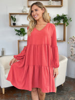 Double Take Full Size V - Neck Balloon Sleeve Tiered Dress with Pockets - Luxe Shopping