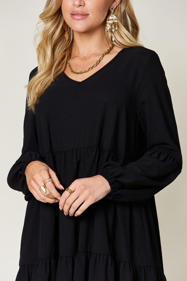 Double Take Full Size V - Neck Balloon Sleeve Tiered Dress with Pockets - Luxe Shopping