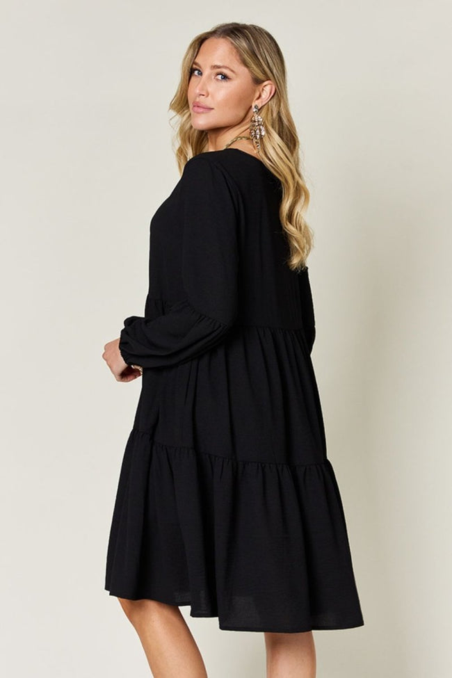 Double Take Full Size V - Neck Balloon Sleeve Tiered Dress with Pockets - Luxe Shopping