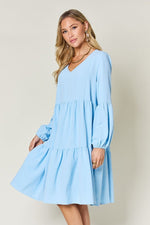 Double Take Full Size V - Neck Balloon Sleeve Tiered Dress with Pockets - Luxe Shopping