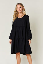 Double Take Full Size V - Neck Balloon Sleeve Tiered Dress with Pockets - Luxe Shopping