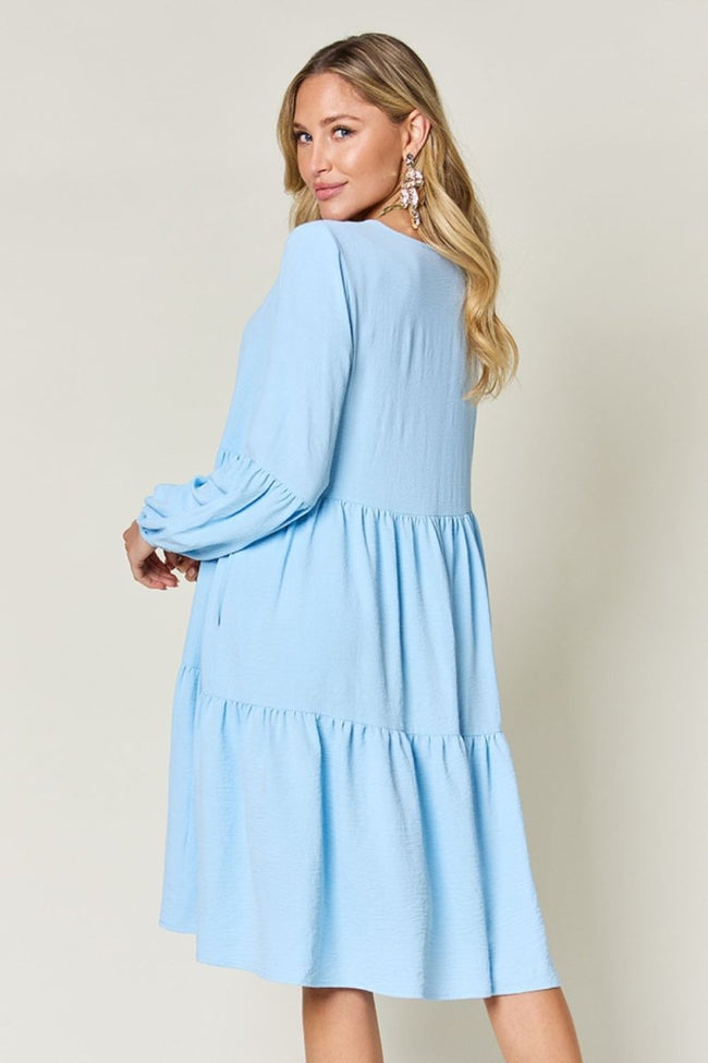 Double Take Full Size V - Neck Balloon Sleeve Tiered Dress with Pockets - Luxe Shopping