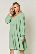 Double Take Full Size V - Neck Balloon Sleeve Tiered Dress with Pockets - Luxe Shopping