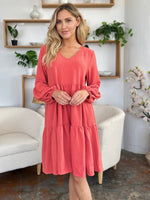 Double Take Full Size V - Neck Balloon Sleeve Tiered Dress with Pockets - Luxe Shopping