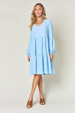 Double Take Full Size V - Neck Balloon Sleeve Tiered Dress with Pockets - Luxe Shopping