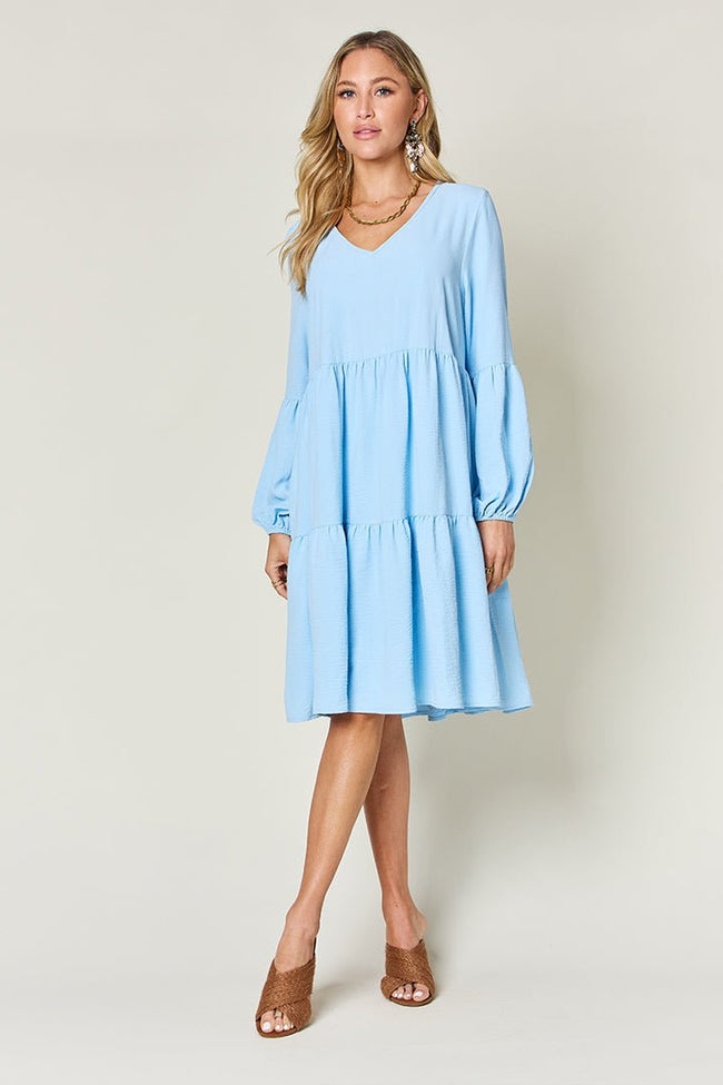 Double Take Full Size V - Neck Balloon Sleeve Tiered Dress with Pockets - Luxe Shopping