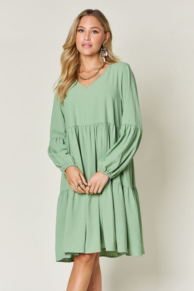 Double Take Full Size V - Neck Balloon Sleeve Tiered Dress with Pockets - Luxe Shopping