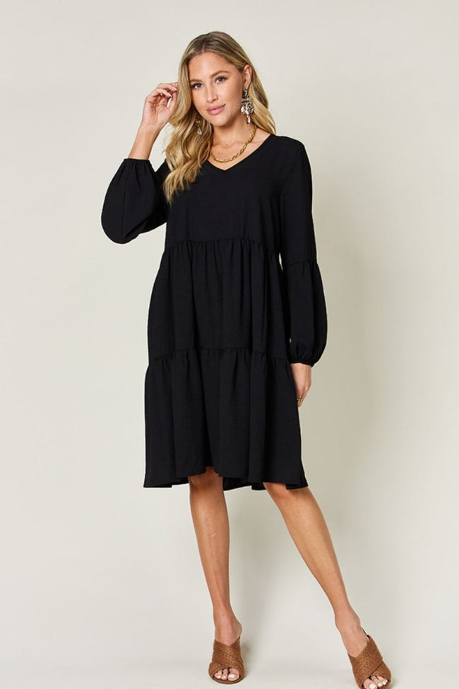 Double Take Full Size V - Neck Balloon Sleeve Tiered Dress with Pockets - Luxe Shopping