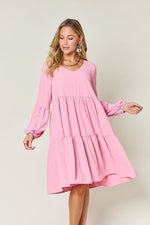 Double Take Full Size V - Neck Balloon Sleeve Tiered Dress with Pockets - Luxe Shopping