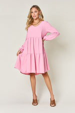 Double Take Full Size V - Neck Balloon Sleeve Tiered Dress with Pockets - Luxe Shopping