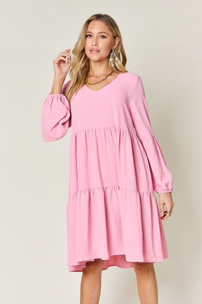 Double Take Full Size V - Neck Balloon Sleeve Tiered Dress with Pockets - Luxe Shopping