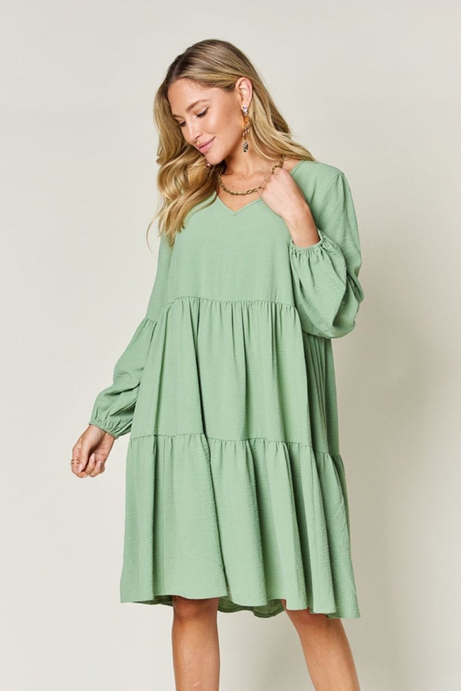 Double Take Full Size V - Neck Balloon Sleeve Tiered Dress with Pockets - Luxe Shopping