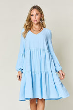 Double Take Full Size V - Neck Balloon Sleeve Tiered Dress with Pockets - Luxe Shopping