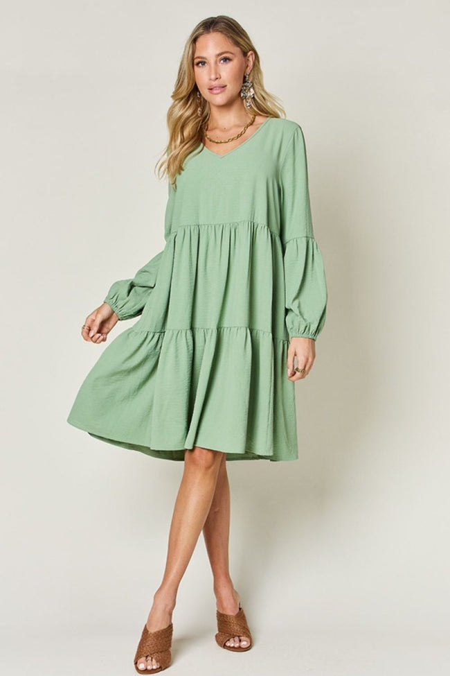 Double Take Full Size V - Neck Balloon Sleeve Tiered Dress with Pockets - Luxe Shopping