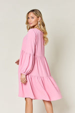 Double Take Full Size V - Neck Balloon Sleeve Tiered Dress with Pockets - Luxe Shopping