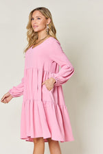 Double Take Full Size V - Neck Balloon Sleeve Tiered Dress with Pockets - Luxe Shopping