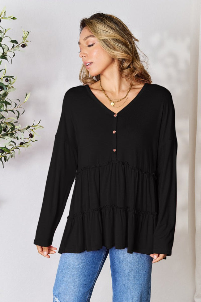 Double Take Half Button Long Sleeve Ruffle Hem Blouse - Luxe Shopping