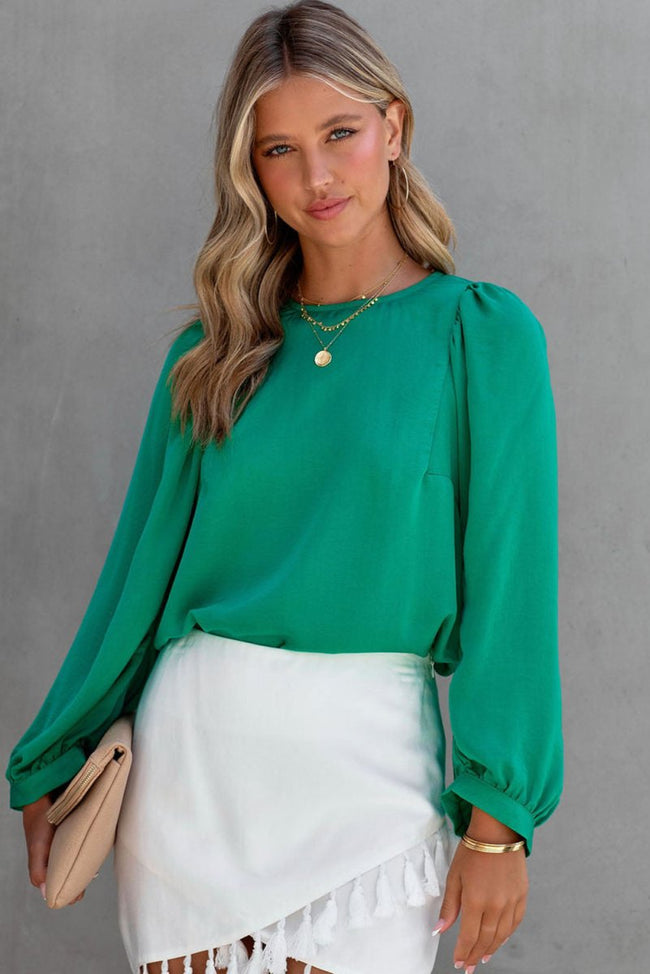 Green Satin Puff Long Sleeve Crewneck Blouse - Luxe Shopping