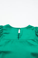 Green Satin Puff Long Sleeve Crewneck Blouse - Luxe Shopping