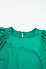 Green Satin Puff Long Sleeve Crewneck Blouse - Luxe Shopping