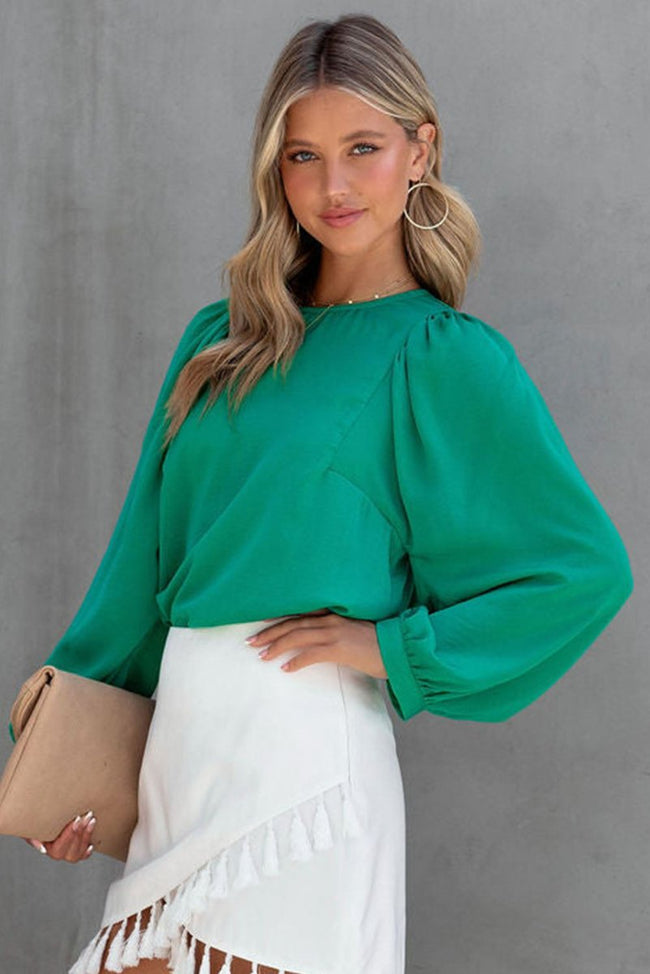 Green Satin Puff Long Sleeve Crewneck Blouse - Luxe Shopping