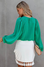 Green Satin Puff Long Sleeve Crewneck Blouse - Luxe Shopping