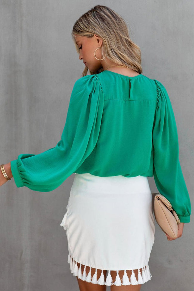 Green Satin Puff Long Sleeve Crewneck Blouse - Luxe Shopping