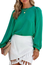 Green Satin Puff Long Sleeve Crewneck Blouse - Luxe Shopping