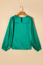 Green Satin Puff Long Sleeve Crewneck Blouse - Luxe Shopping