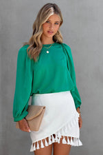 Green Satin Puff Long Sleeve Crewneck Blouse - Luxe Shopping