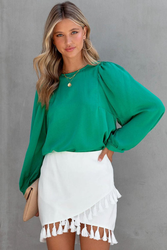 Green Satin Puff Long Sleeve Crewneck Blouse - Luxe Shopping