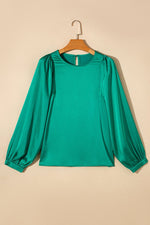 Green Satin Puff Long Sleeve Crewneck Blouse - Luxe Shopping