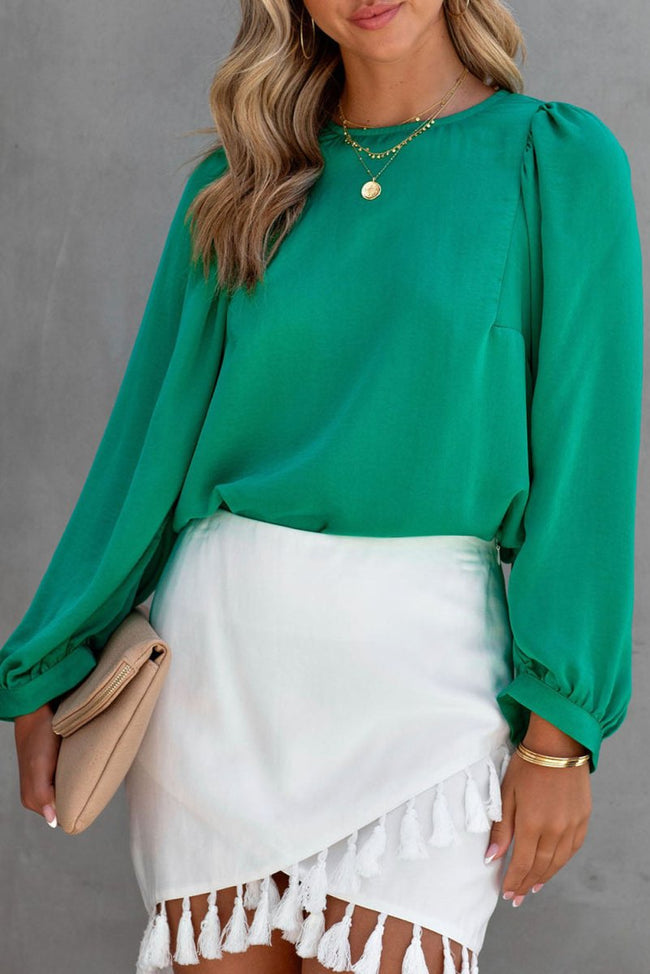 Green Satin Puff Long Sleeve Crewneck Blouse - Luxe Shopping