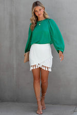 Green Satin Puff Long Sleeve Crewneck Blouse - Luxe Shopping