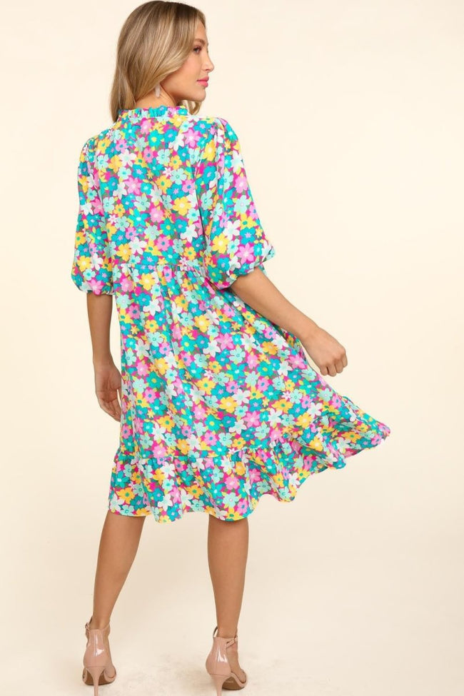 Haptics Bubble Sleeve Floral Ruffled Dress - Luxe Shopping