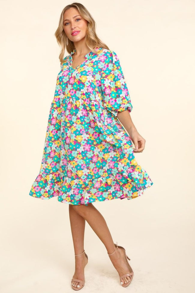 Haptics Bubble Sleeve Floral Ruffled Dress - Luxe Shopping