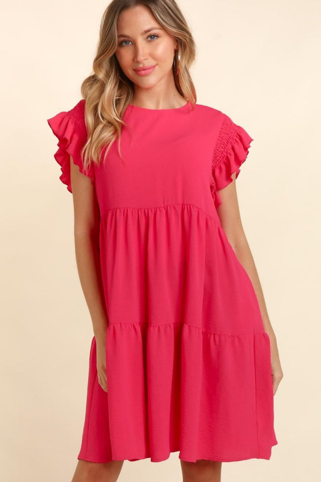 Haptics Full Size Smocking Ruffle Short Sleeve Dress with Pockets - Luxe Shopping