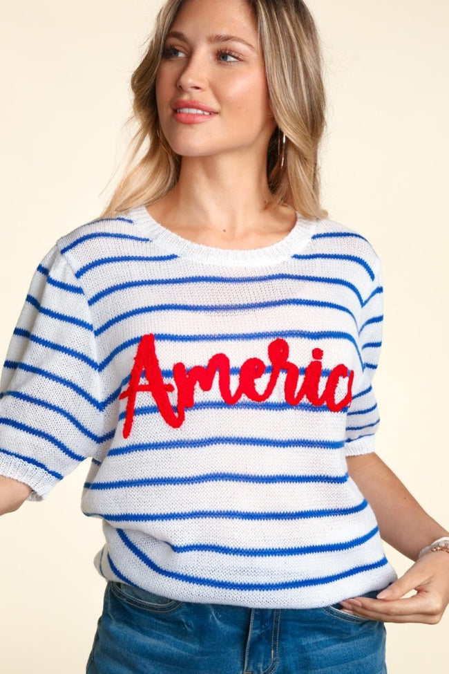 Haptics Letter Embroidery Striped Knit Top - Luxe Shopping