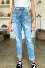 Judy Blue Full Size Distressed Straight Jeans with Patch Pockets - Luxe Shopping